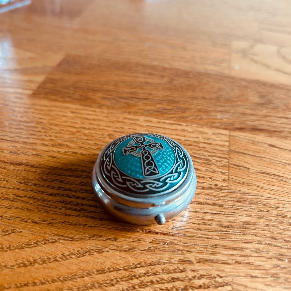 Celtic Cross Teal Pill Box